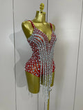 Sexy Sparkly Rhinestones Long Tassels Red Mesh Stretch Bodysuits Women Eveing Party Birthday Nightclub Performance Stage Costume