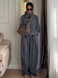 Women 2026 Spring Chinese Style Two Piece Outfit Mandarin Collar Frog Button Oversized Top High Waist Wide Leg Pants Set
