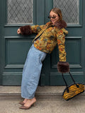Women Retro Floral Print Tweed Jacket Fur Collar Cuff Patchwork Single Breasted Short Coat 2026 Fashion Autumn Casaul Outerwear