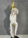 Sexy Sheer Mesh Pearl Beaded Feather Trim Strapless Mermaid Evening Dress for Birthday Party