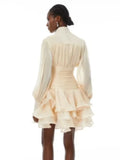 Cream Victorian-inspired Short Dress Women Chic Puff Sleeve Ruched Tiered Waist Cinching Party Dresses 2026 Lady Trendy Vestidos