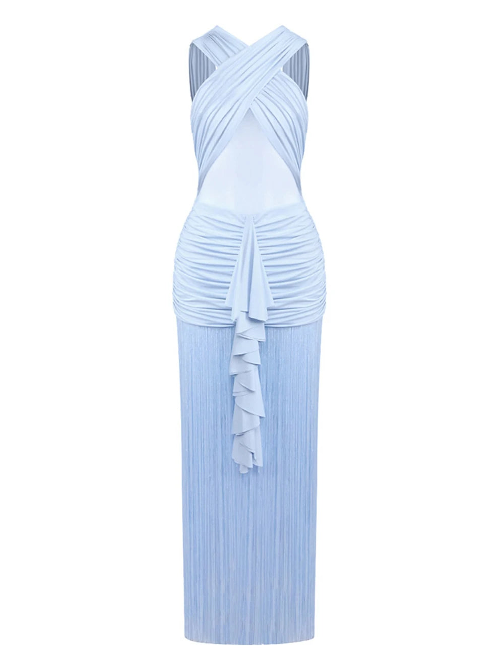 Women's Sky Blue Rhythm Fringed Long Maxi Dress 2026 New Sleeveless Ruffle Tassels Night Out Dress Clubwear Outfits