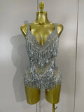 Luxury Sparkly Rhinestone Sequins Tassel Mesh Bodysuits Women Celebrate Eveing Birthday Party Nightclub Bar Dencer Stage Costume