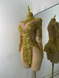 Sparkly Sequins  Gold Silver Mini Dress Women Sexy Split Nightclub Party Performance Dresses Birthday Celerbity Stage Outfit