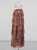 Elegant Tiered Ruffles Maxi Dresses for Women Square Collar Sleeveless Cross Back Lace Trim Skirt for Fashion Show