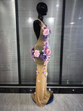 Black Khaki Women Sexy Halter Backless 3D Flowers Bodycon Long Maxi Dress Celebrate Evening Party Performance Costumes Wear