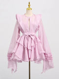 Fashion Women Ruffles Short Dress Elegant O-Neck Lace Up Lantern Long Sleeve Mini Vestido Chic Female 2025 Solid Dresses
