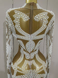 New High-end Elegant Evening Gown AB Rhinestones Pearls Luxury Long Sleeves Mesh Dress Women Cocktail Party Wedding Costume