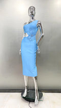Flower Beads Glam Hollow Waist Slanted Shoulder Blue Dress Fashion Elegant Party Bandage Stage Performance Dress Vestido De Gala