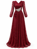 Fashion V Neck Lace Long Puff Sleeve Floor Length Dress for Women Ruched Waist Rhinestone Decoration for Banquet Gala Event