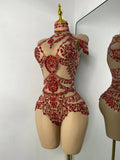 Sparkly Red Rhinestones Women Sexy Mesh See Through High Stretch Bodysuit Nightclub Performance Dance Costume Singer Stage Wear