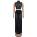 Sexy Mesh Rhinestone Bodycon 2 Pieces Set for Woman Outfits Solid Round Neck Sleeveless Crop Top + Skirt Female Clubwear