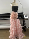 Women'S Sexy Strapless Bandage Slim Long Dress With Floral Decoration Layered Ruffle Edge Patchwork Dress Wedding Party
