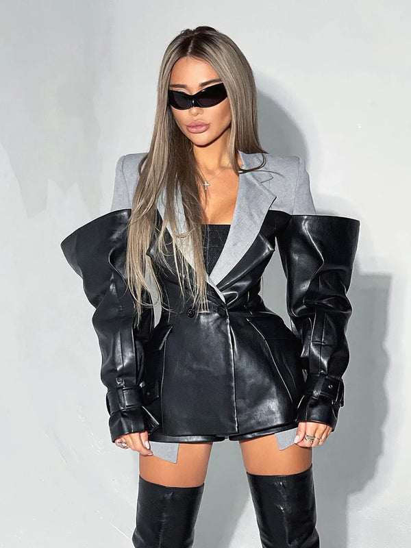 Pu Leather Patchwork Contrasting Design Slim Suit Blazers For Women Notched Collar Long Sleeve Coats Female Clothes Style