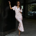 Printed Maxi Dress Women Elegant Slim V-Neck Short-Sleeve Evening Dress Summer New Casual Commuter Female Dress