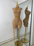 Sparkly Rhinestone Shining Women Sexy Bodycon See Through Irregular Hem Mini Dress Birthday Party Performance Costume