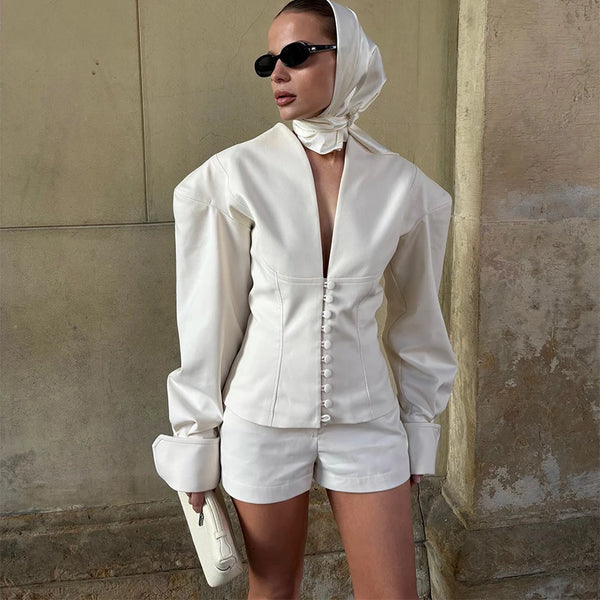 Fashion Wide Shouldered Jacket Shorts Sets Women V-neck Puffy Sleeve Single Breasted Tops Short Pants Summer Lady Outfits