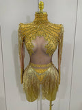 Women Sparkly Rhinestone Sequin Tassel Stretch Bodysuits 2025 New Arrival Birthday Party Nightclub Dj Stage Performance Costume