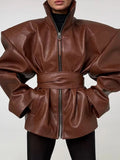 Streetwear Faux Leather Jacket for Women High Neck Zip Front Shoulder Pad Belted Waist Oversized for Autumn Outfits