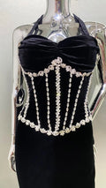 Women's Fashion Gloves Shiny Rhinestone Neck Waist Black Velvet Dress Celebrity Dinner Red Carpet Party Evening Performance Gown