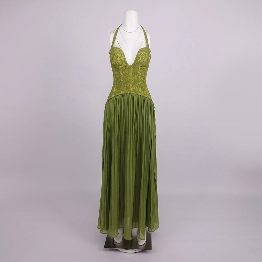 Elegant Women's Halter Long Dress Corset Maxi Pleated Dresses Summer Evening Party Bridesmaid Wedding Guest Gown