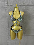 Gold Luxurious Black Bodysuit Women Sexy Halter Neck Iridescent Crystal Embellished Cutout Outfit Stage Performance Costume