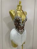 Women Sexy Sparkly Rhinestones Leopard Print Tassel Bodysuit 2026 New Evening Party Birthday Nightclub Performance Stage Costume