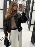 Elastic Drawstring Leather Jacket Zipper Stand Collar Long Sleeved Short Jackets Lady 2026 Autumn Women Chic Street Outerwear
