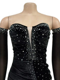 Luxury Evening Dress for Women Sexy Off Shoulder Ruched Crystal Velvet Mini Dress with Gloves Female Birthday Outfit Robe