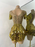 Sexy Women Short Sleeve Sparkly Sequins Stage Dress Luxury Evening Party Nightclub Performance Costume Stage Wear