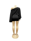 Sexy 2 Piece Set Women Skew Collar Loose Crop Tops+Ruched Knot Ribbon Skirt Matching Beach Vacation Party Club Suit
