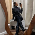 V Neck Fitted Waist Large Lapel Women Blazer Button Front Tailored Blazer With Detachable Neck Scarf Long Sleeve Casual Jackets