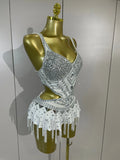 Sparkly Silver Rhinestones Tassels White Bodysuit Dress Women Sexy Eveing Party Dancer Nightclub Stage Team Performance Costume