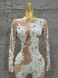 Luxurious Women Sexy Long Sleeve Shinning Rhinestones Bodycon Jumpsuit Celebrate Nightclub Party Performance Costume