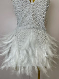 Women Luxury Rhinestones Pearls Feathers Halter Backless Short Dress Women Sexy Celebrate Birthday Dress Nightclub Stage Costume