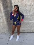 Casual Tracksuit 2-Piece Set Women Patchwork Zip Letter Print Jacket+Drawstring Shorts Matching Simple Sporty Outfit