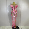 Women Elegant Pink Pearl Transparent Mesh Long Dress Evening Party Birthday Wedding Gown Red Carpet Celebrity Sexy Stage Outfit