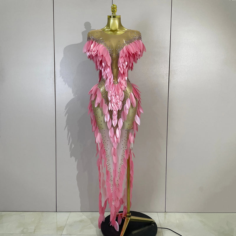 Women Elegant Pink Pearl Transparent Mesh Long Dress Evening Party Birthday Wedding Gown Red Carpet Celebrity Sexy Stage Outfit