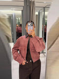 Women's Dusty Pink Corduroy Jacket Fashion Faux Leather Collar Long Sleeve Zipper Cropped Coat Lady 2026 Spring Chic Streetwear