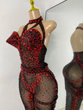 Sparkly Diamonds Women Long Sleeveless See Through Mesh Tight Jumpsuit Costume Nightclub Dancer Outfit Performance Stage Wear
