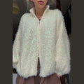 Fuzzy Sequin Zipper Women Cardigan Stand Collar Long Sleeve Loose Knitted Jacket Oversized Sequined Furry Knit Casual Winter Top