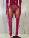 Women Celebrity Evening Party Bar Nightclub Dancer Sexy Stage Costumes Sparkly Rhinestone Long Sleeves Mesh See Through Jumpsuit