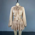 New Women's Skirt Two Piece Set Chiffon Bow Tie Top High Waisted Drawstring Mini Dress Suit Ladies Sexy See Through