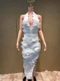 Elegant 3D Flower Applique Halter Maxi Dress Sexy Off Shoulder Backless Ruffled Bodycon Bandage Celebrity Evening Party Gowns