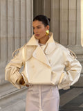French Retro Windbreaker for Women Lapel Shoulder Pud Long Sleeve Spliced Buttons Loose Basics Coats Female Trendy