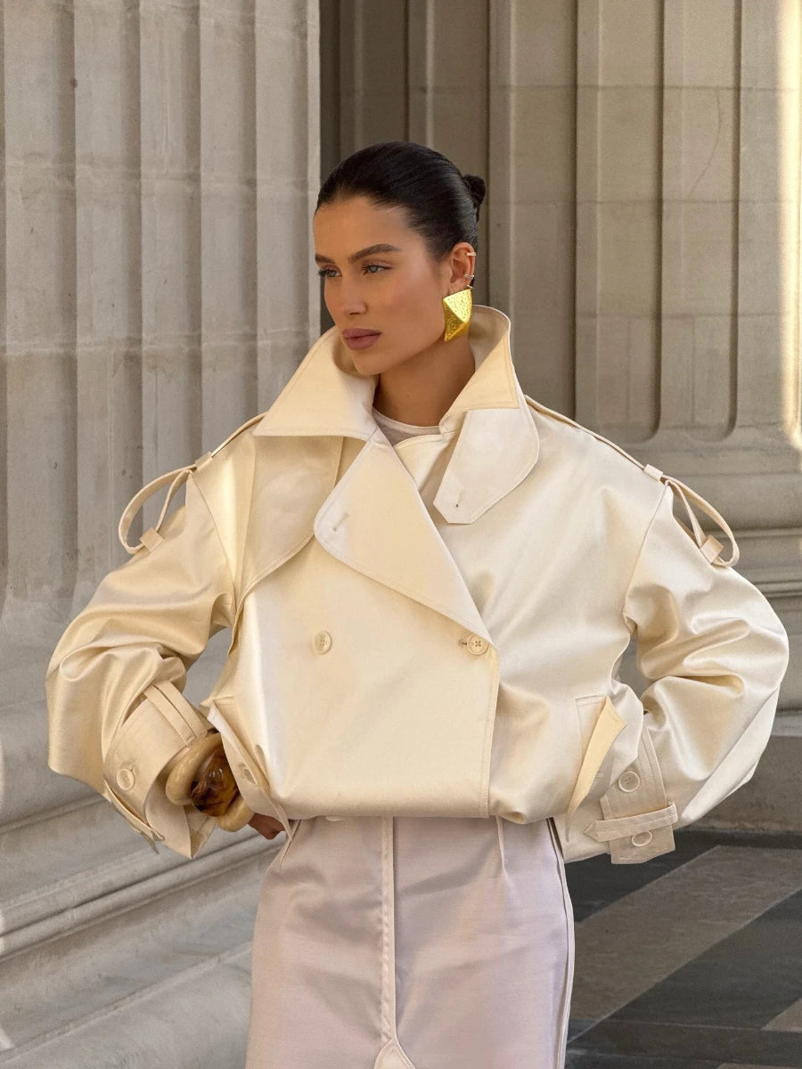 French Retro Windbreaker for Women Lapel Shoulder Pud Long Sleeve Spliced Buttons Loose Basics Coats Female Trendy