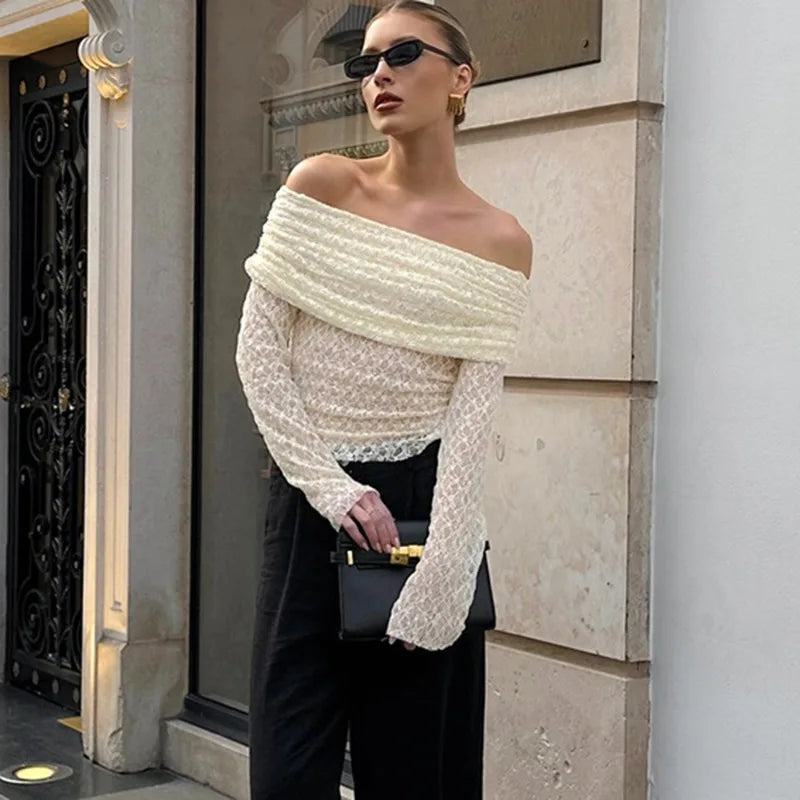 Sexy One Shoulder Top Women Fashion Hollow Out See-Through Pleated Lace Top Elegant High Street Party Slim Female Tops