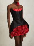 Sexy Party Spliced 3D Rose Dress for Women Strapless Sleeveless High Waist Hit Color Tutu Dresses with Necklace Female New