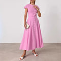 Solid Spliced Button Two Piece Set for Women O Neck Short Sleeve Top High Waist Skirt Sets Female New