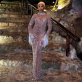 Sparkly Silver Big Rhinestone Transparent Long Dress Evening Birthday Celebrate Luxurious Costume Dancer Flashing Dress